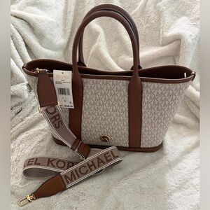 Michael Kors Beige/ Brown Signature Logo Tote with Detachable Strap